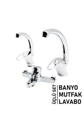3lü Set Banyo - Evye Mutfak - Lavabo Aç Kapa Mix Batarya Musluk (4767)